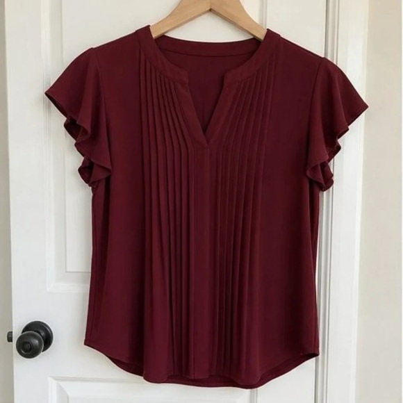 None Tops - Women’s Burgundy Pintuck Flutter Sleeve Blouse
